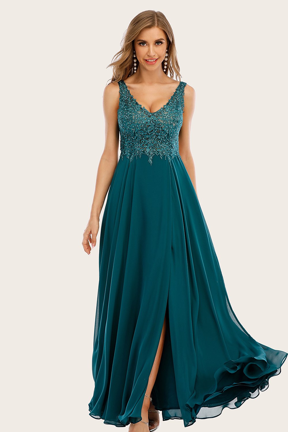Blau Chiffon Langes Ballkleid mit Strass