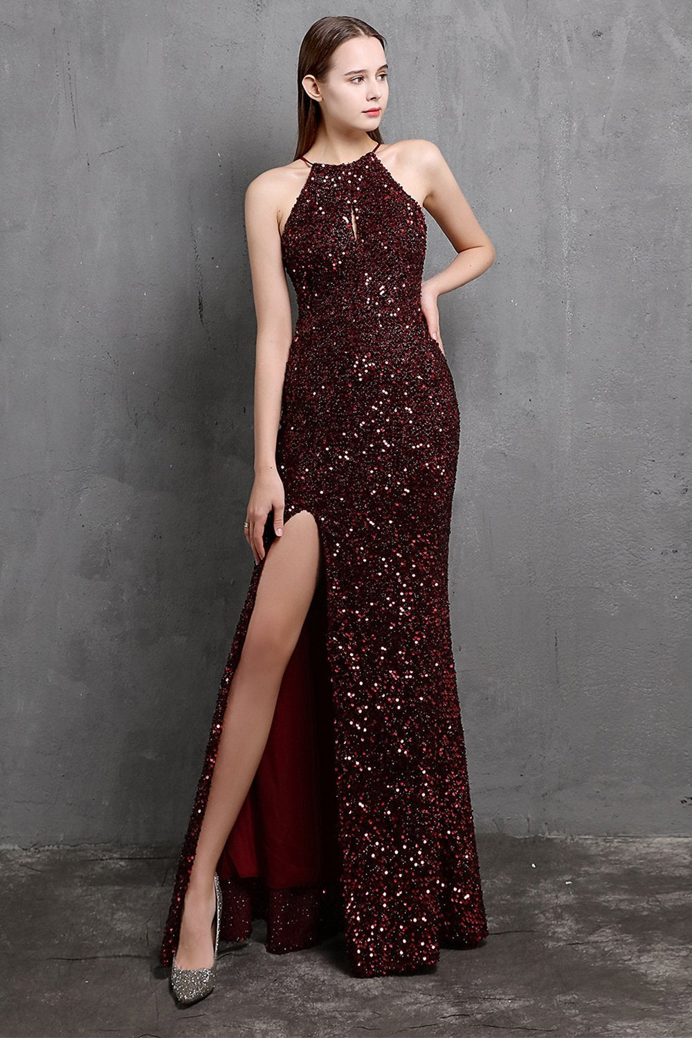 Burgund Pailletten langes Ballkleid mit Schlitz