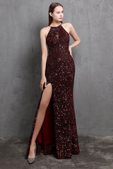 Burgund Pailletten langes Ballkleid mit Schlitz