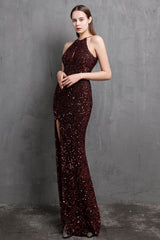 Burgund Pailletten langes Ballkleid mit Schlitz