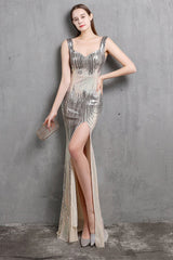 Gold Meerjungfrau Pailletten V Hals Ballkleid