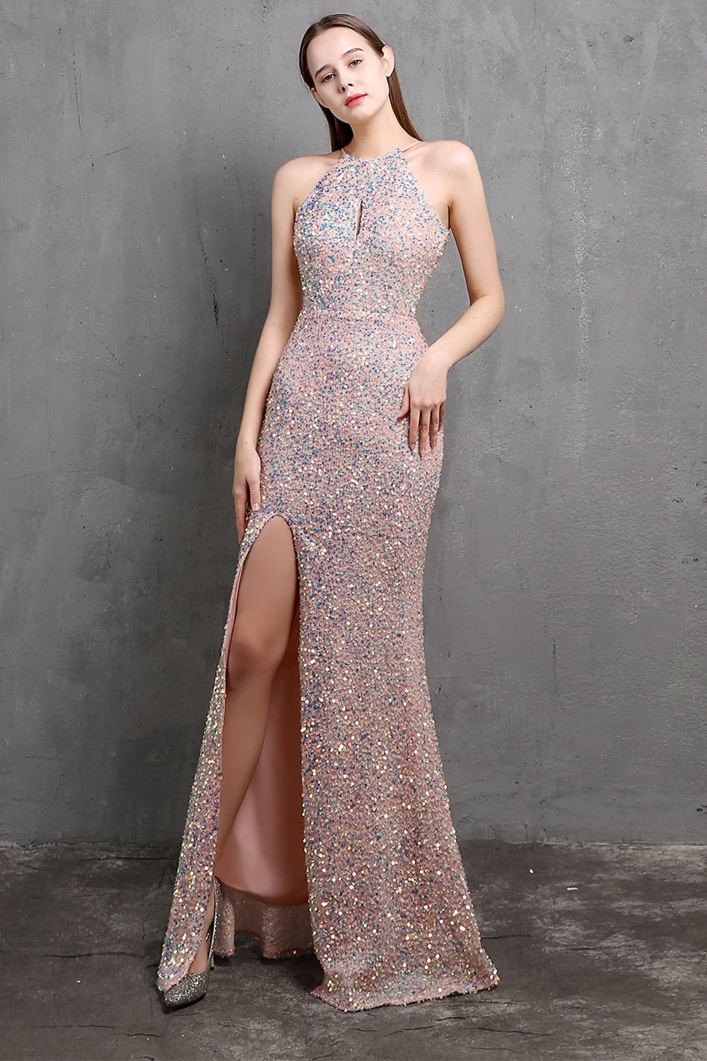Burgund Pailletten langes Ballkleid mit Schlitz