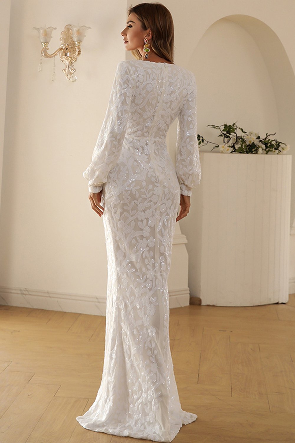 Weiß V Hals Spitze Maxi Partykleid