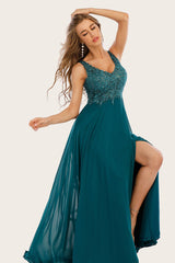 Blau Chiffon Langes Ballkleid mit Strass