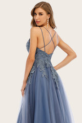 Dusty Blau Langes Ballkleid mit Spitze