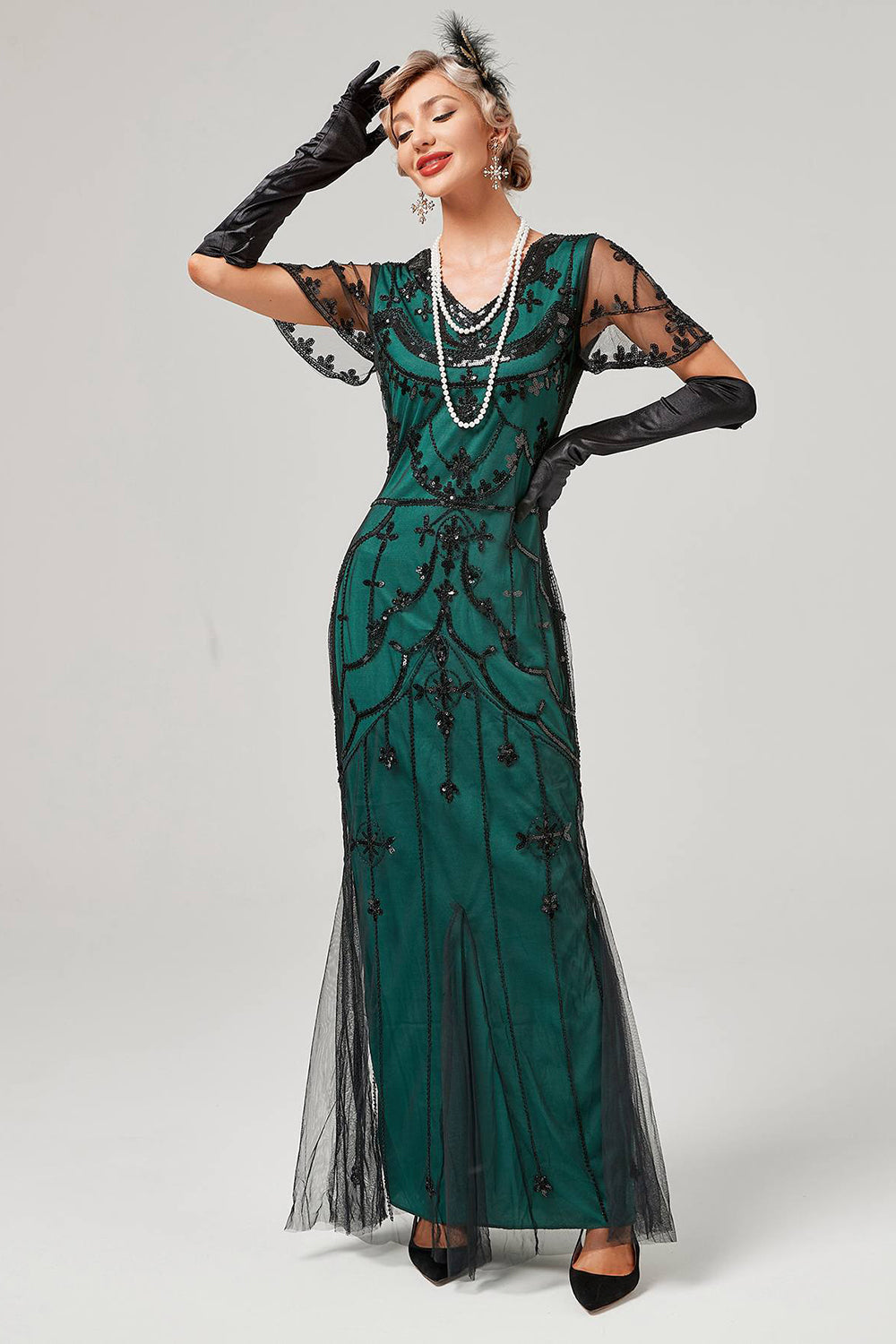 Schwarzes rosa Paillettenkleid aus den 1920er Jahren