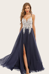 Dusty Blau Langes Chiffon Ballkleid mit Spitze