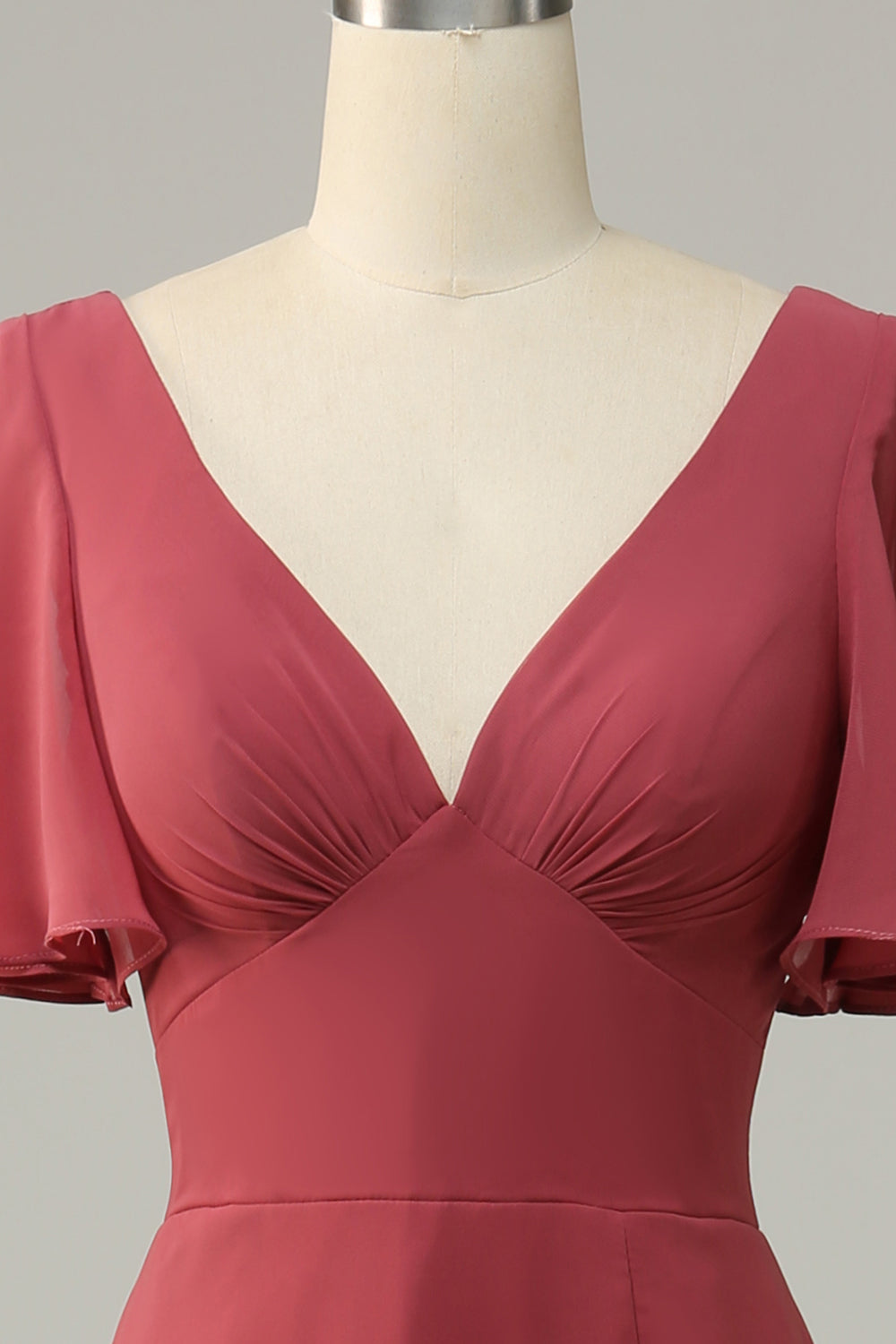 V-Ausschnitt kurze Ärmel offener Rücken Brautjungfernkleid
