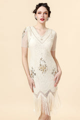Champagner Pailletten Fransen Flapper Kleid mit 20er Jahre Accessoires Set
