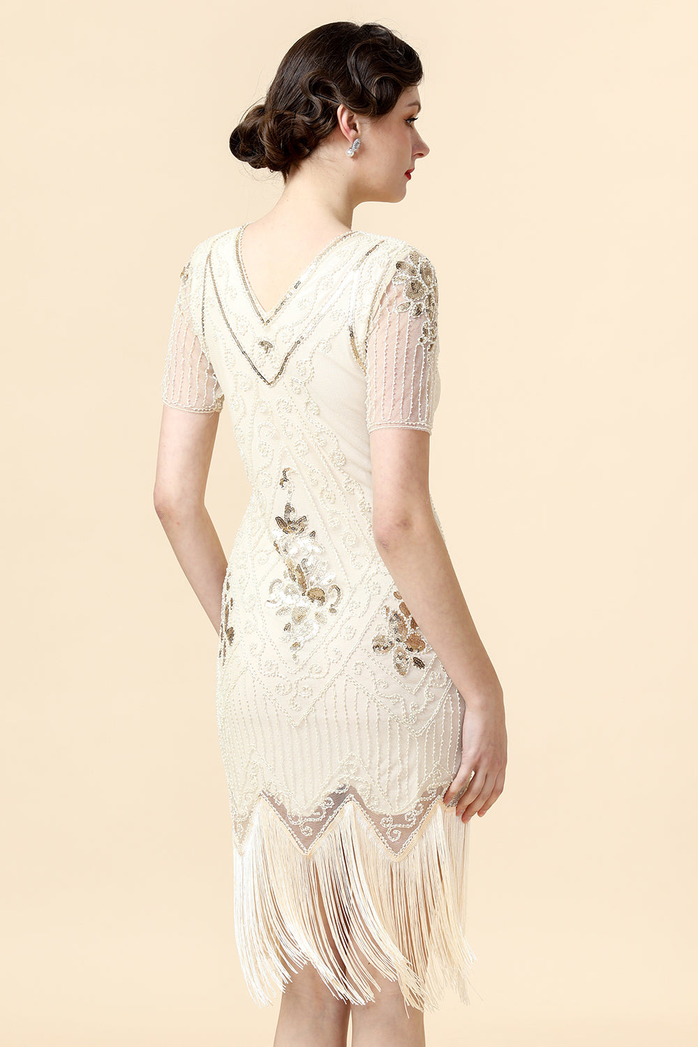Champagner Pailletten Fransen Flapper Kleid mit 20er Jahre Accessoires Set