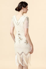 Champagner Pailletten Fransen Flapper Kleid mit 20er Jahre Accessoires Set