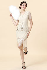 Champagner Pailletten Fransen Flapper Kleid mit 20er Jahre Accessoires Set