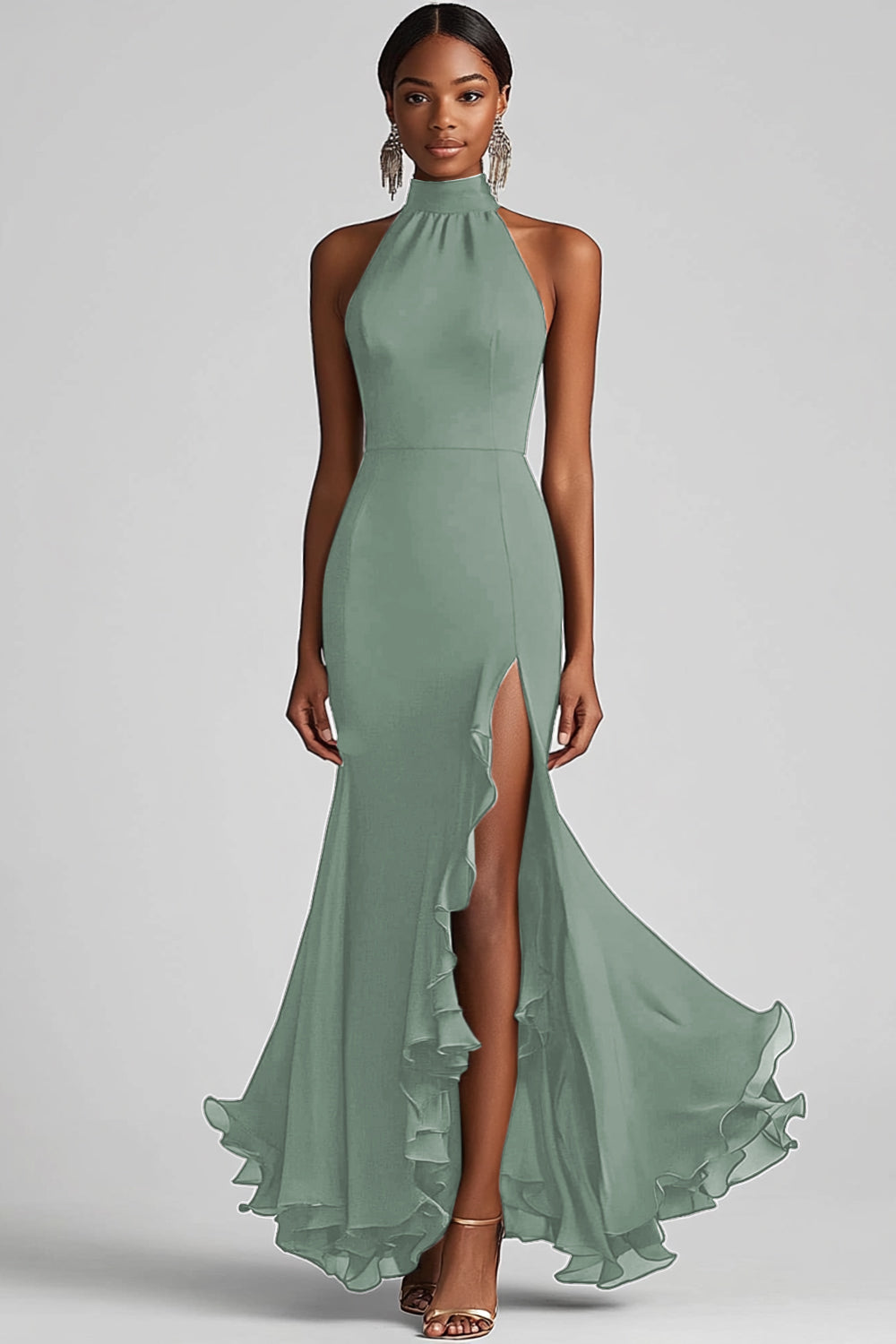 Schwarzes Meerjungfrau Langes Neckholder Rüschen Ballkleid mit Schlitz