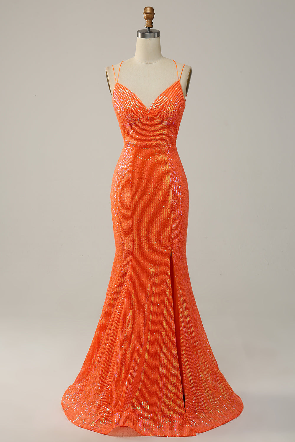 Meerjungfrau Spaghettiträger Orange Pailletten Ballkleid mit Schlitz