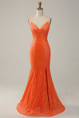 Meerjungfrau Spaghettiträger Orange Pailletten Ballkleid mit Schlitz