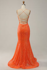 Meerjungfrau Spaghettiträger Orange Pailletten Ballkleid mit Schlitz