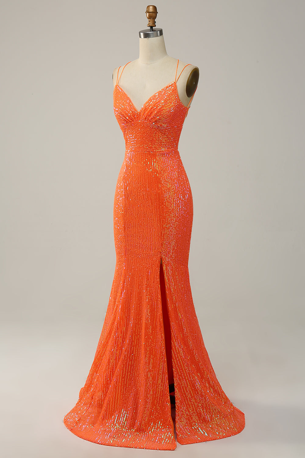 Meerjungfrau Spaghettiträger Orange Pailletten Ballkleid mit Schlitz