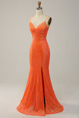 Meerjungfrau Spaghettiträger Orange Pailletten Ballkleid mit Schlitz