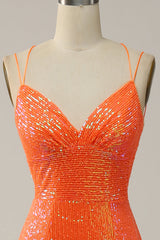 Meerjungfrau Spaghettiträger Orange Pailletten Ballkleid mit Schlitz