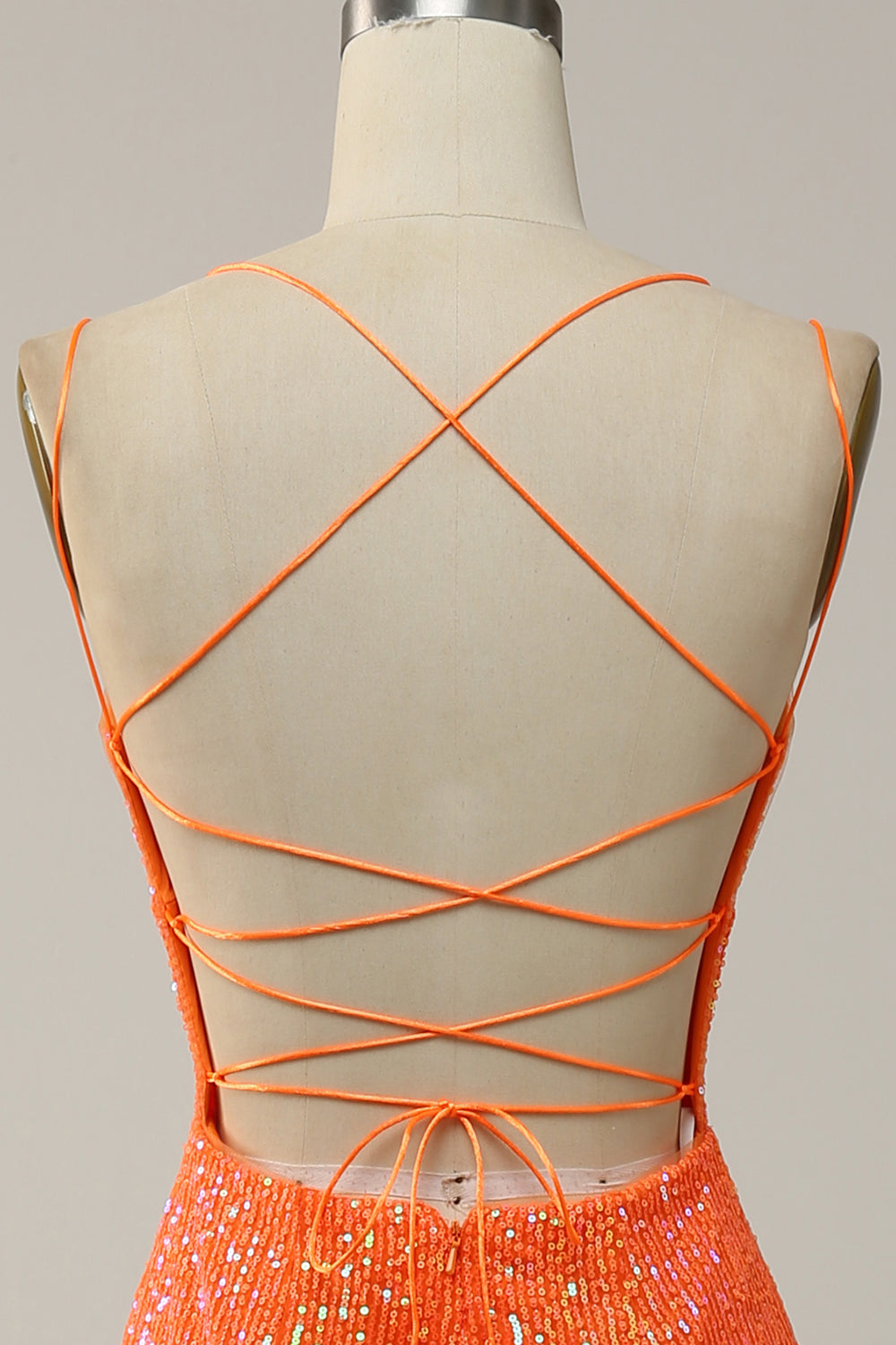 Meerjungfrau Spaghettiträger Orange Pailletten Ballkleid mit Schlitz