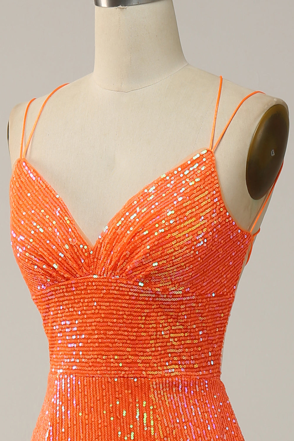 Meerjungfrau Spaghettiträger Orange Pailletten Ballkleid mit Schlitz