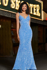 Glitzerndes blaues Spaghettiträger langes Meerjungfrauen Ballkleid mit Pailletten