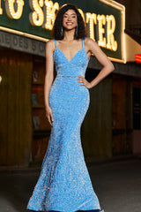 Glitzerndes blaues Spaghettiträger langes Meerjungfrauen Ballkleid mit Pailletten