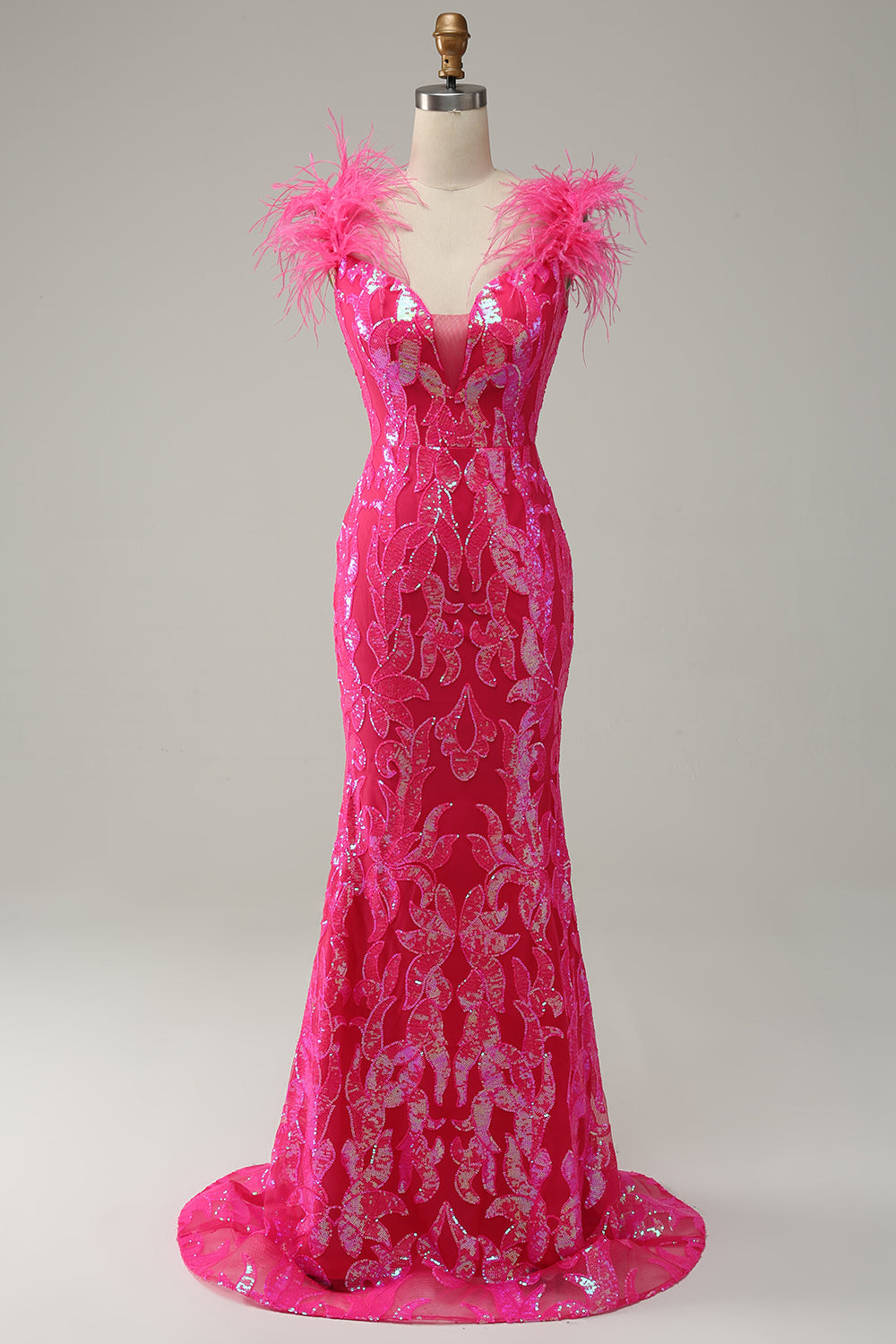 Meerjungfrau Tiefer V-Ausschnitt Fuchsia Pailletten Langes Ballkleid mit Federn