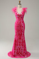 Meerjungfrau Tiefer V-Ausschnitt Fuchsia Pailletten Langes Ballkleid mit Federn