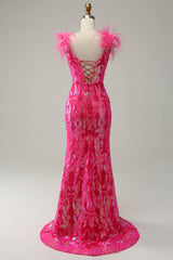 Meerjungfrau Tiefer V-Ausschnitt Fuchsia Pailletten Langes Ballkleid mit Federn