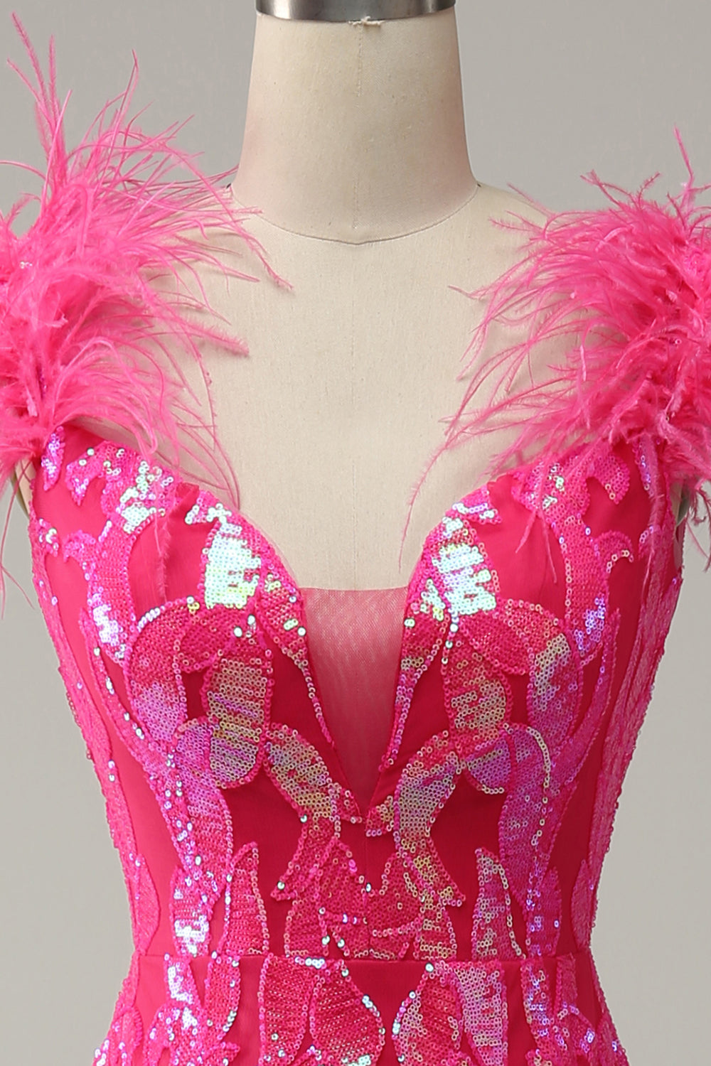 Meerjungfrau Tiefer V-Ausschnitt Fuchsia Pailletten Langes Ballkleid mit Federn