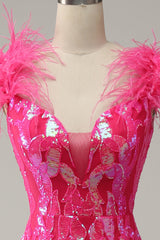 Meerjungfrau Tiefer V-Ausschnitt Fuchsia Pailletten Langes Ballkleid mit Federn