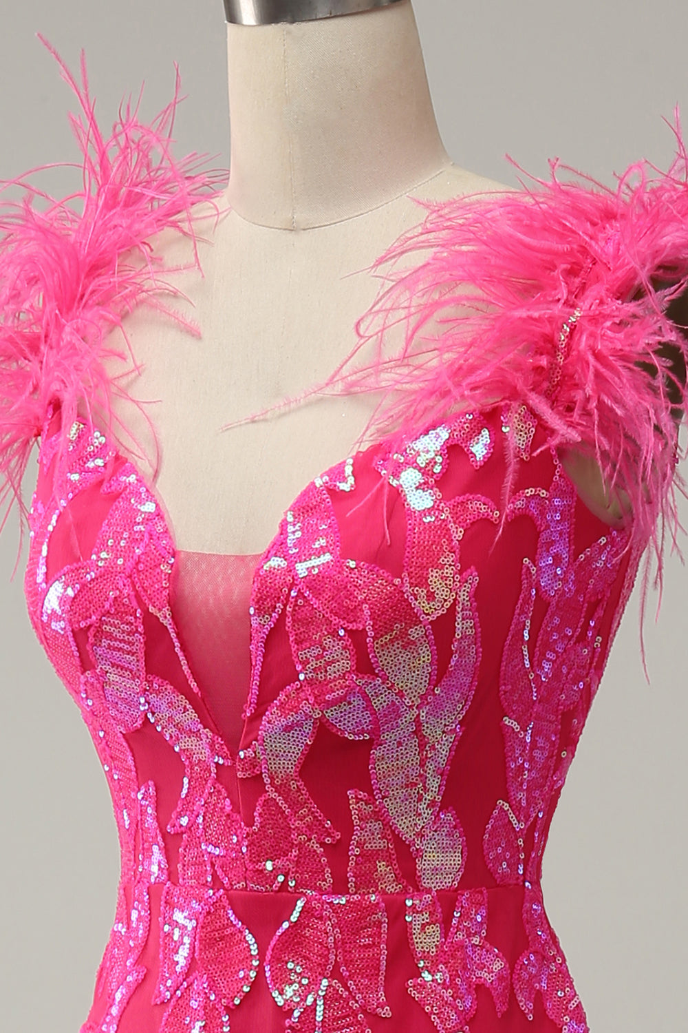Meerjungfrau Tiefer V-Ausschnitt Fuchsia Pailletten Langes Ballkleid mit Federn