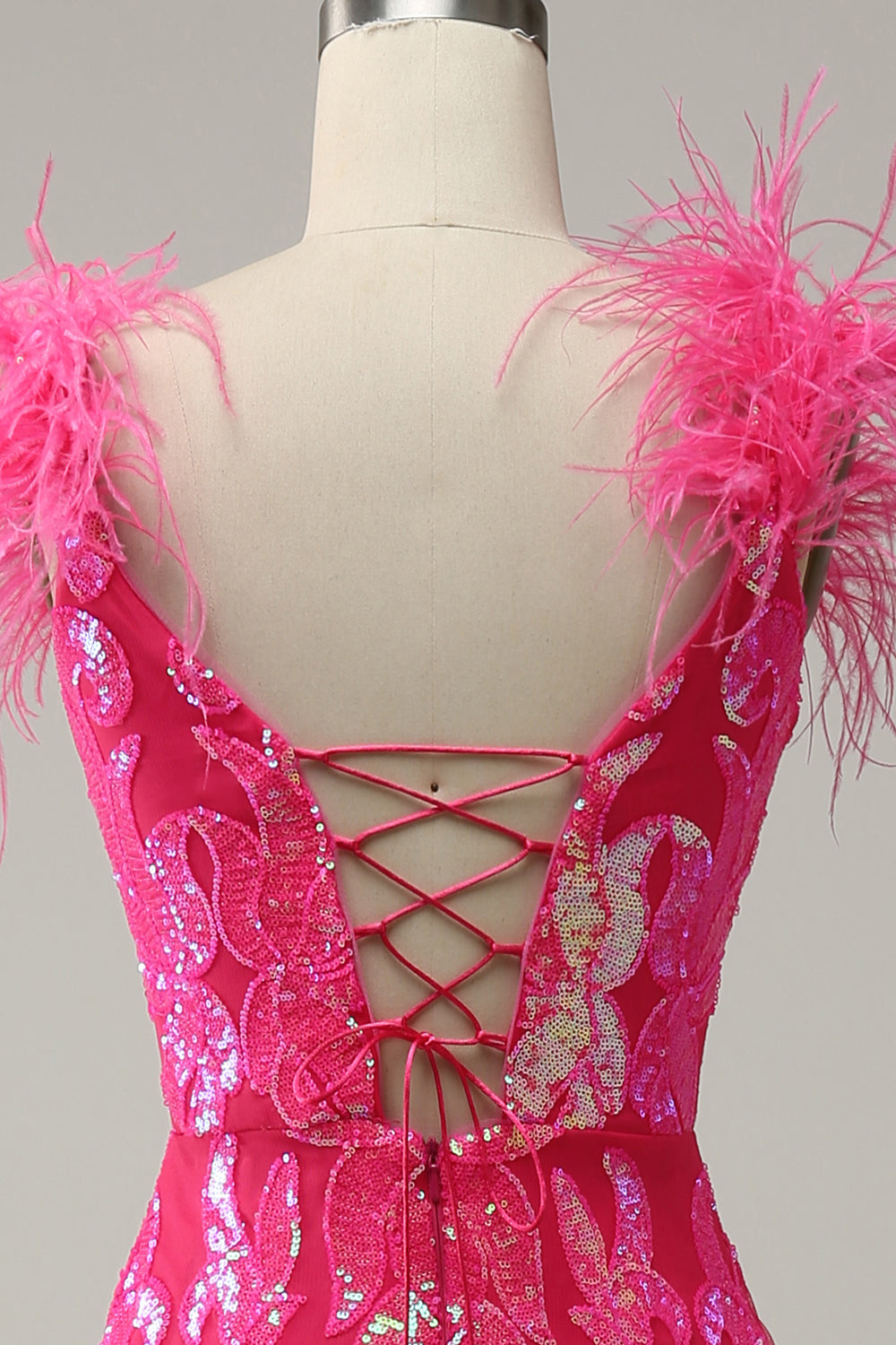 Meerjungfrau Tiefer V-Ausschnitt Fuchsia Pailletten Langes Ballkleid mit Federn