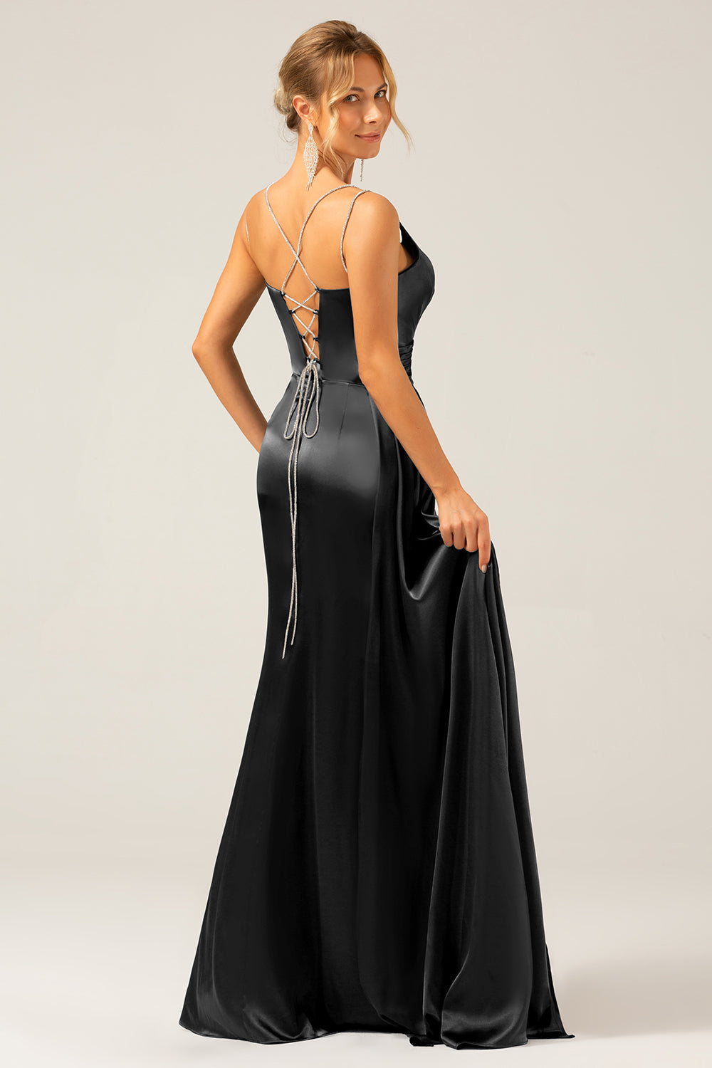 Schwarzes Meerjungfrauen Spaghettiträger Plissee Korsett Langes Ballkleid mit Schlitz