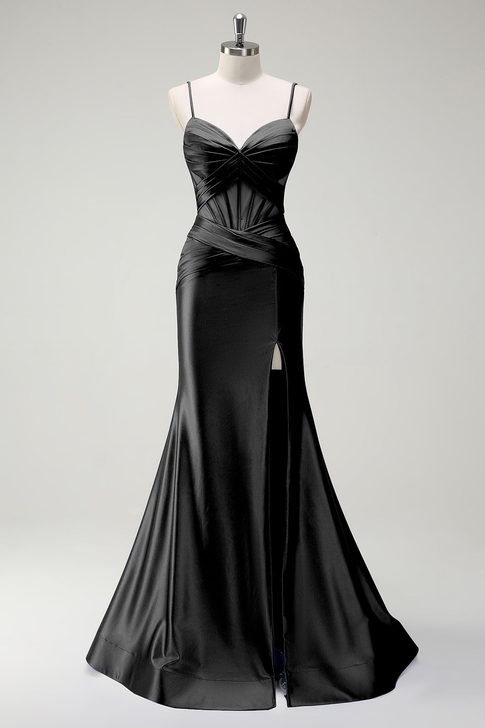 Königsblaues Meerjungfrau Spaghettiträger Satin Korsett Langes Ballkleid mit Schlitz