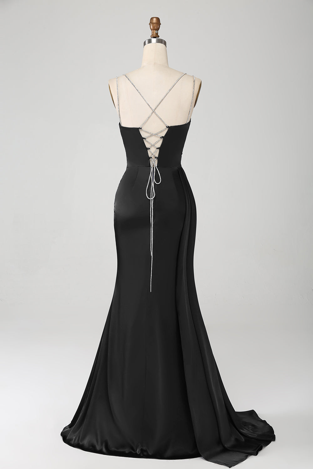 Marineblaues Meerjungfrauen Spaghettiträger Plissee Korsett Langes Ballkleid mit Schlitz