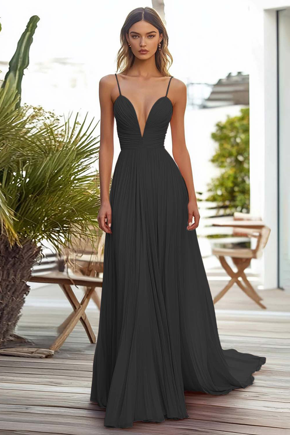 Rosa A-Linie Plissee Langes Hochzeitsgastkleid