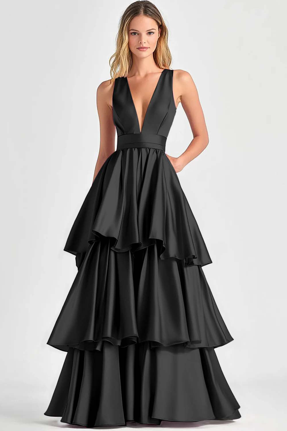 Fuchsia Ballkleid in A-Linie mit V-Ausschnitt und Rüschen