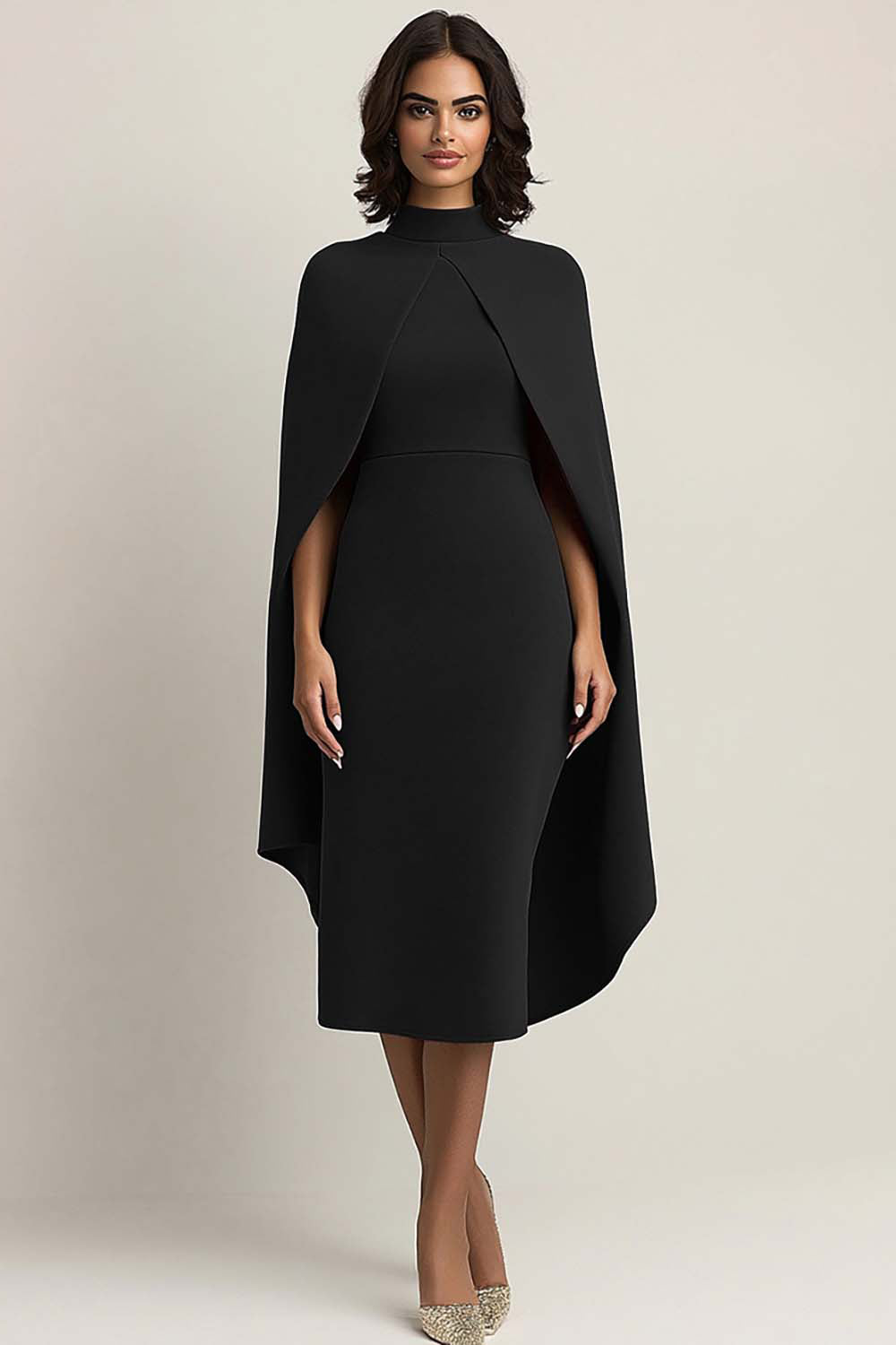 Schwarz Midi Etui Abendkleid mit Umhang