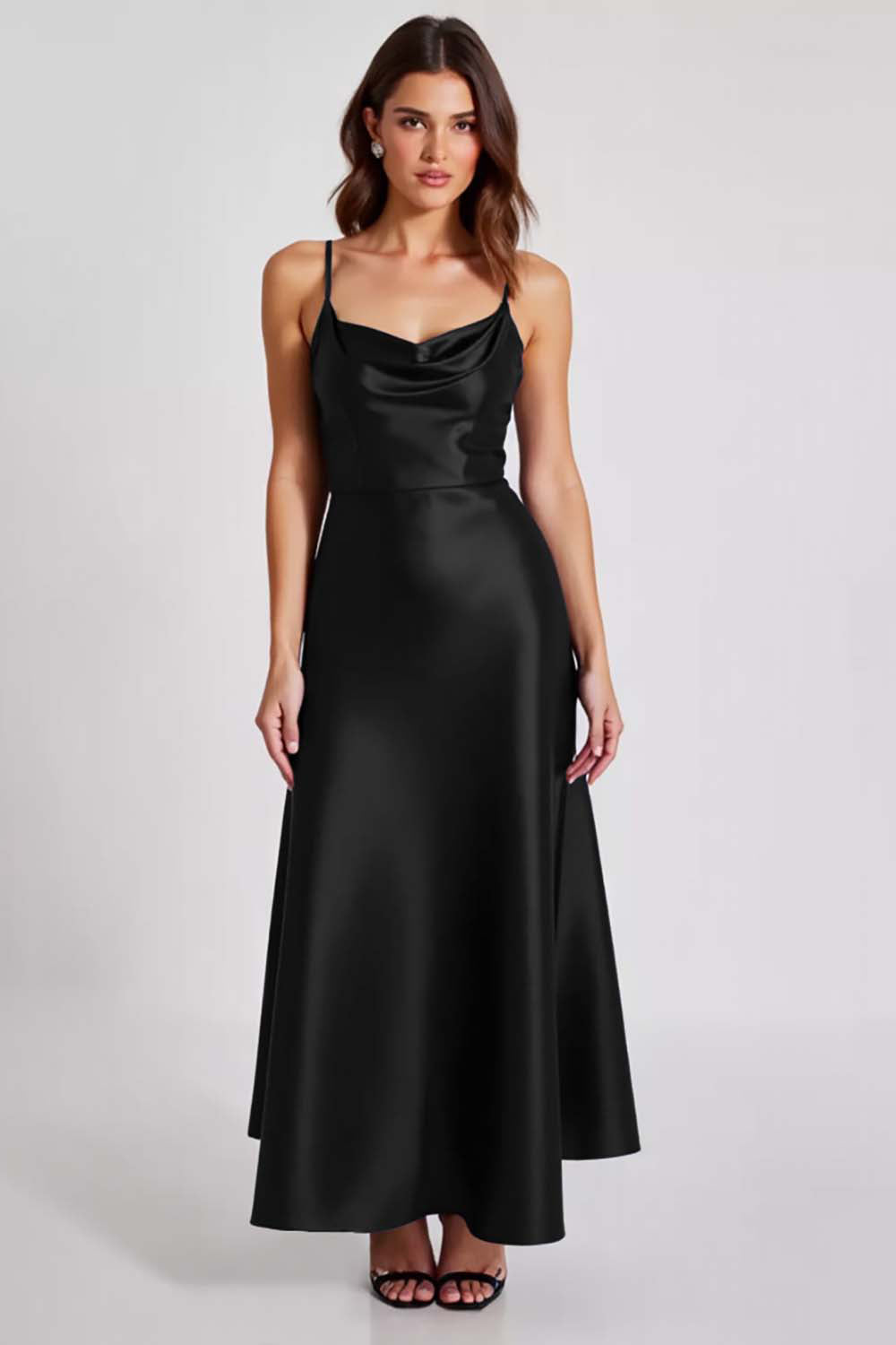 Marineblaues Satin Ballkleid mit Spaghettiträgern in A-Linie