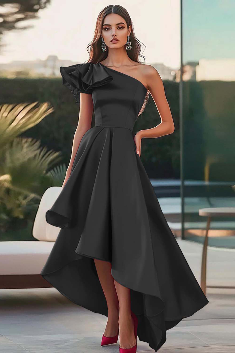 Fuchsia Eine Schulter High-Low Satin Ballkleid in A-Linie