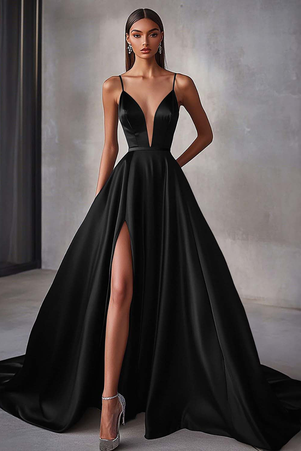 Marineblaues Satin A-Linie Spaghettiträger Langes Ballkleid mit Schlitz