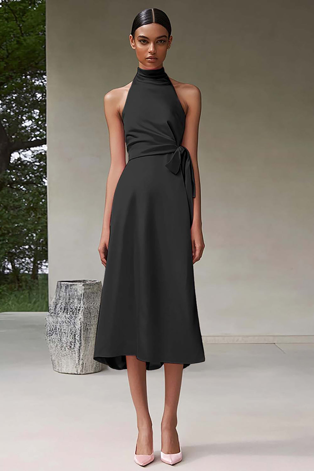 Rosa A-Linie Neckholder Teelänge Satin Partykleid