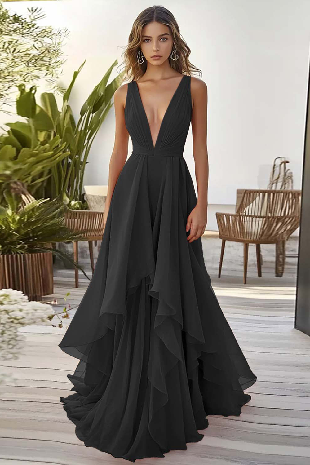 Orange Chiffon Hochzeitsgastkleid mit Rüschen in A-Linie