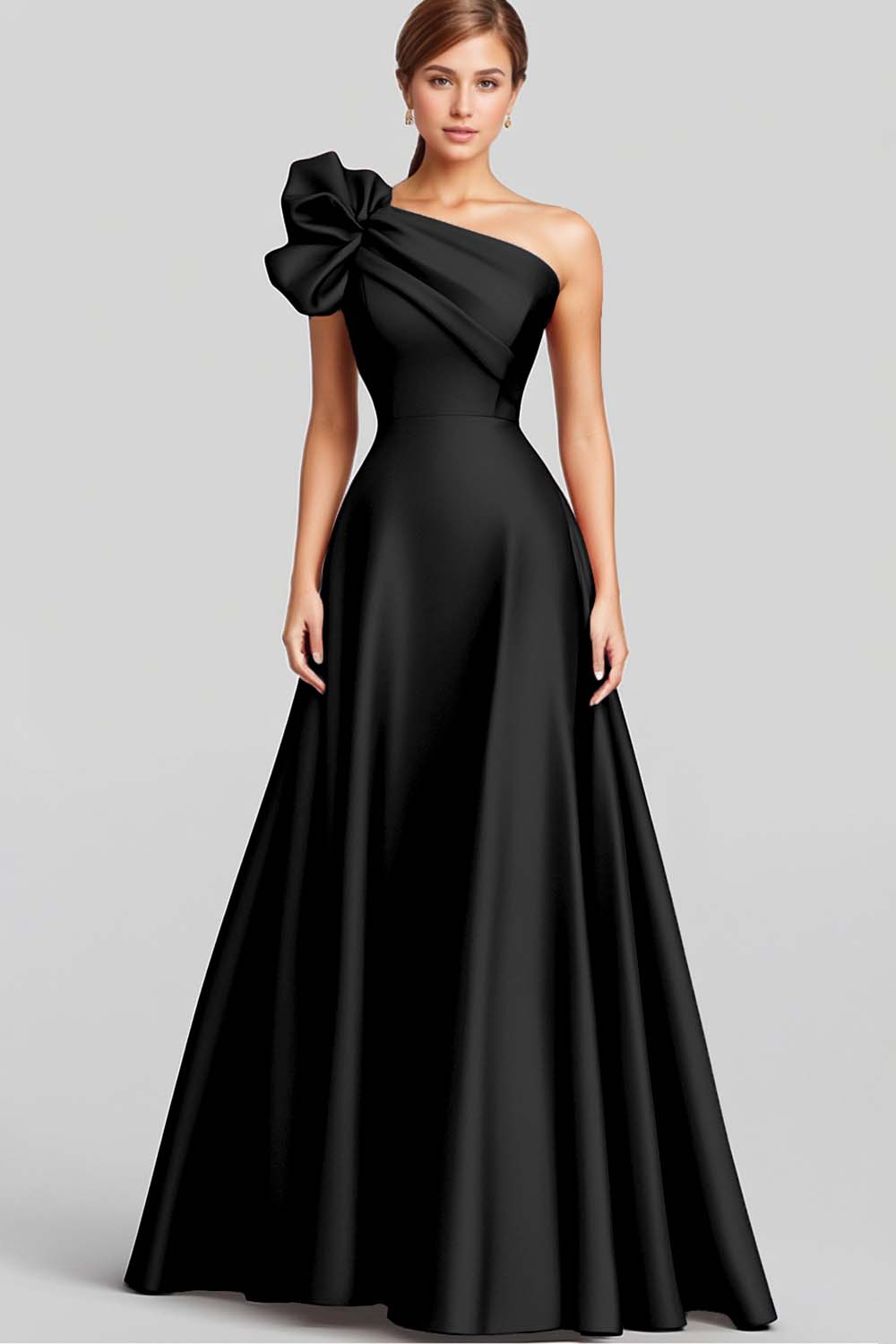 Marineblaues Langes Satin Abendkleid in A-Linie mit Rüschen und einer Schulter