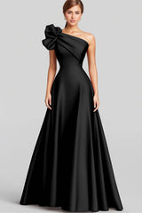 Marineblaues Langes Satin Abendkleid in A-Linie mit Rüschen und einer Schulter