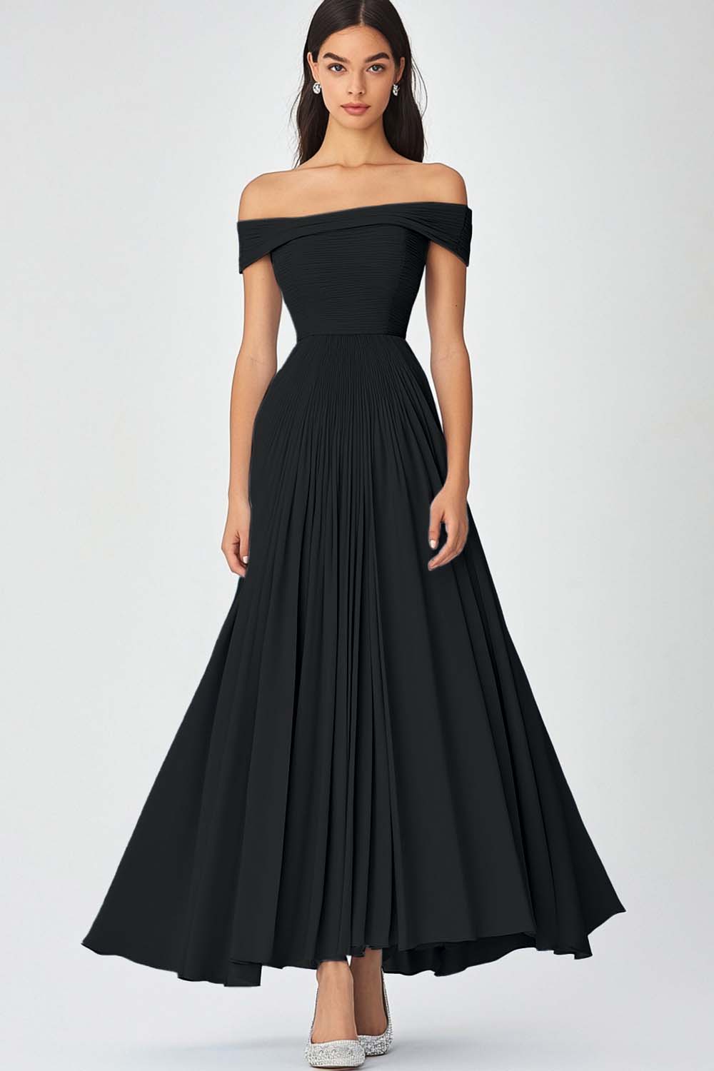 Schulterfreies Himmelblaues A-Linie Gerafftes Chiffon Abendkleid