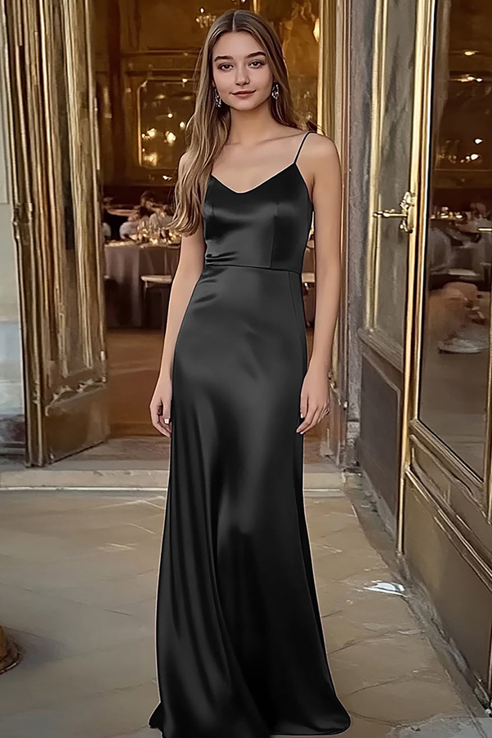 Spaghettiträger Kaffee Satin Langes Ballkleid