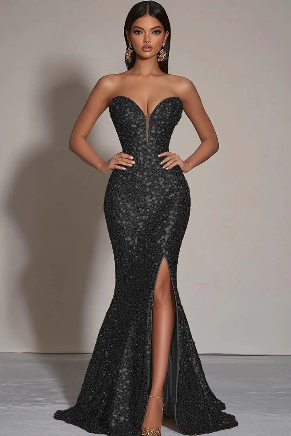Goldenen Glitzerndes Trägerloses Meerjungfrauen Ballkleid mit Pailletten und Schlitz